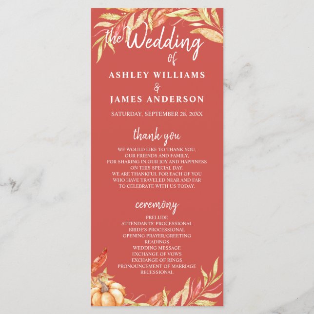 Fall Love Golden Foliage Warm Red Wedding Program (Front)