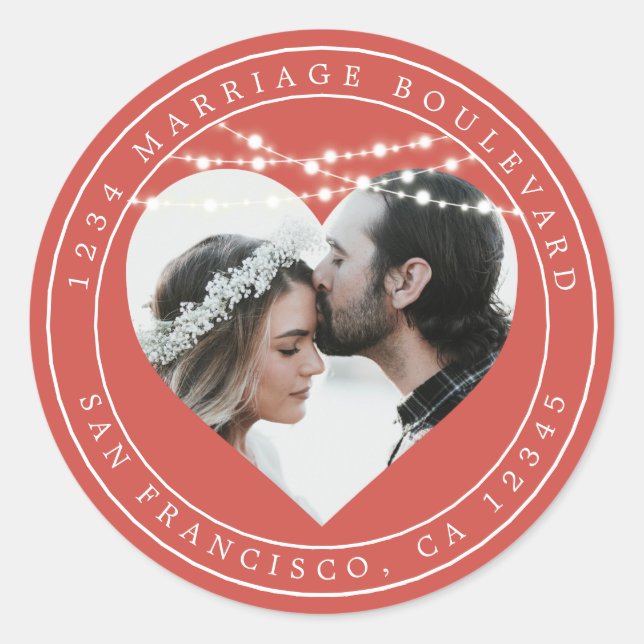 Fall Love Rustic Lights Red Wedding Photo  Classic Round Sticker (Front)