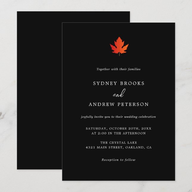 Fall Maple Leaf Modern Minimalist Wedding Invitation (Front/Back)