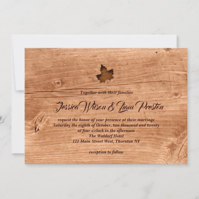 Fall Maple Leaf Wedding Invitation on oak (Front)