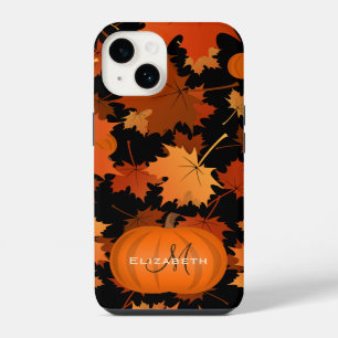 Fall maple leaves and pumpkins name monogram iPhone 14 case