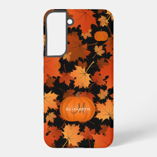 Fall maple leaves and pumpkins name monogram samsung galaxy case
