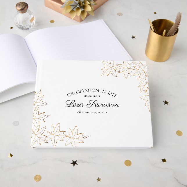 Fall Maple Leaves Celebration of Life Memorial Guest Book (Front Open)