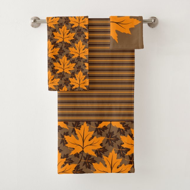 Fall maple leaves in orange and brown modern bath towel set (Insitu)