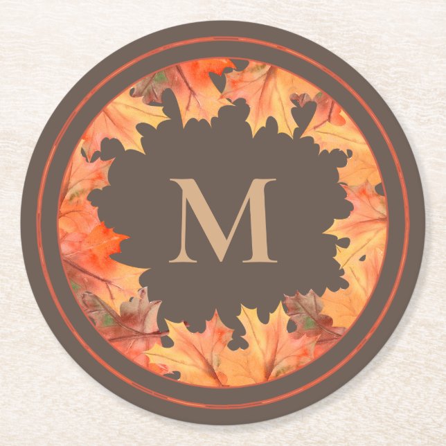 Fall Maple Leaves Monogram Brown Round Paper Coaster (Front)