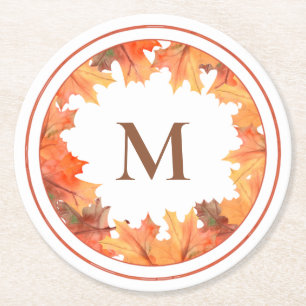 Fall Maple Leaves Monogram Round Paper Coaster
