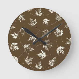 Fall Maple Leaves on brown - seamless pattern. Round Clock