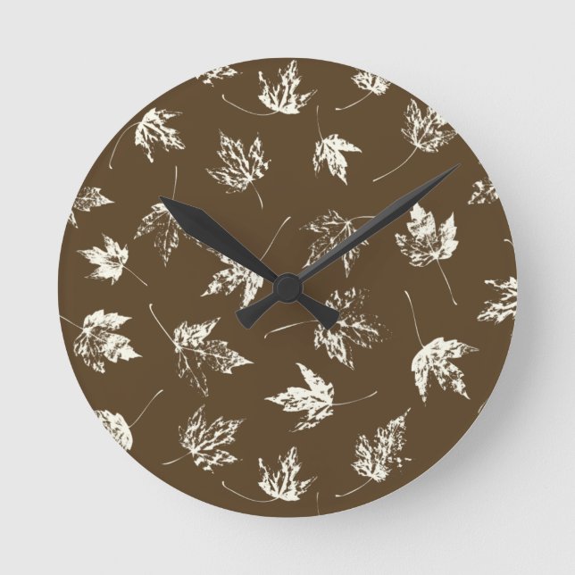 Fall Maple Leaves on brown - seamless pattern.    Round Clock (Front)