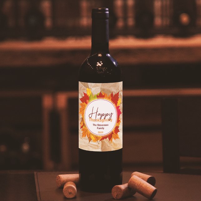 Fall Maple Leaves On Paper Texture Thanksgiving Wine Label (Creator Uploaded)