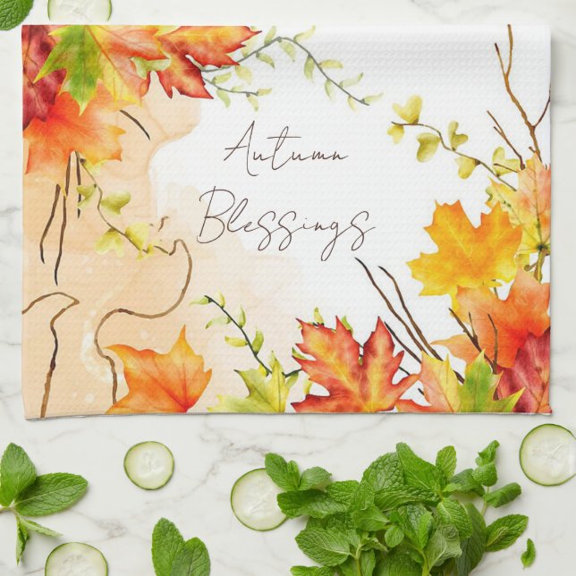 Fall maple leaves with custom text    kitchen towel (Folded)