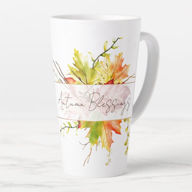 Fall maple leaves with custom text   latte mug (Right Angle)