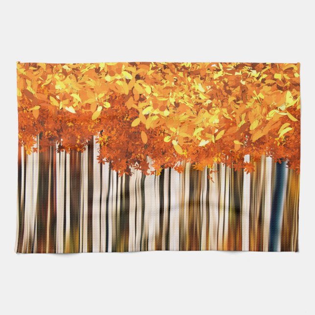 Fall maple tree forest striped orange grey kitchen towel (Horizontal)