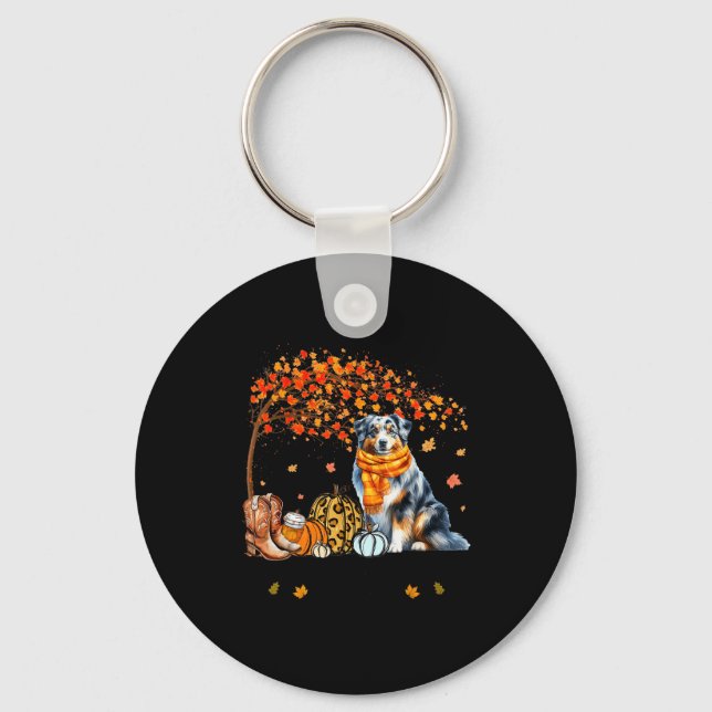 Fall Maple Tree Print Dog Lover Happy Thanksgiving Keychain (Front)