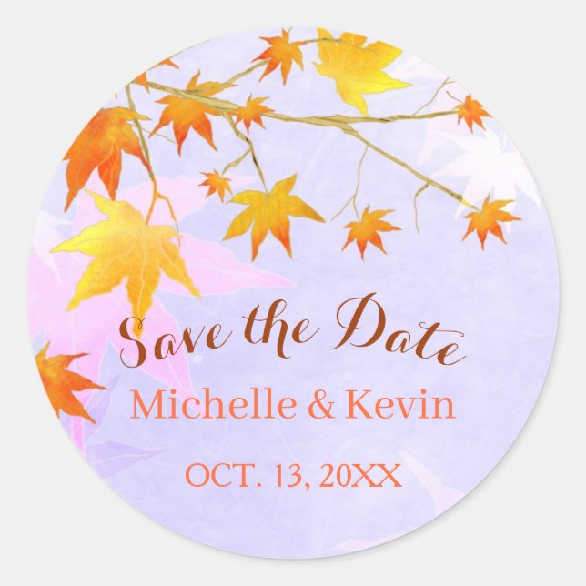 Fall Maple Wedding Save the Date Classic Round Sticker (Front)
