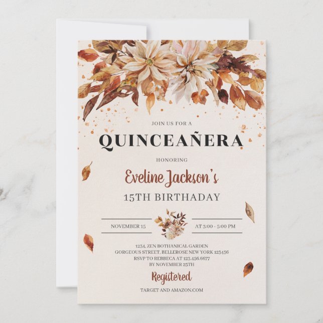 Fall Marigold Orange Flowers Boho Quinceanera Invitation (Front)