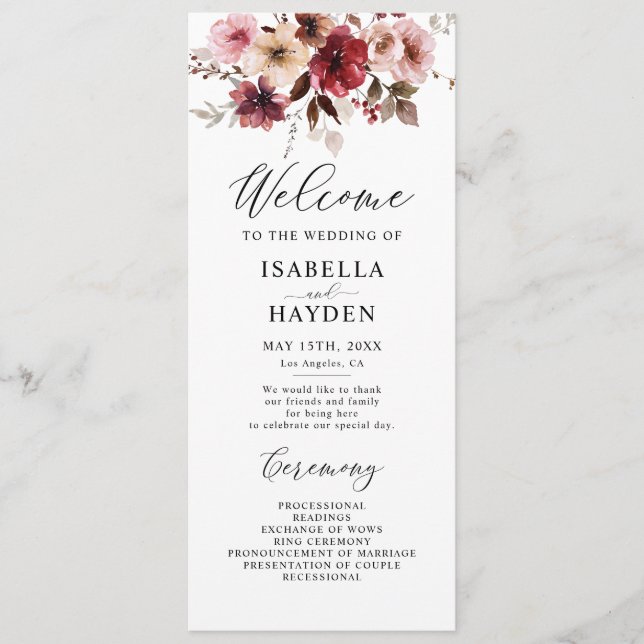 Fall Maroon Blush Boho Floral Wedding Flat Program (Front)
