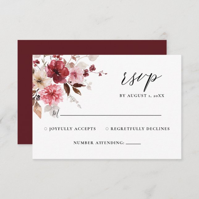 Fall Maroon Blush Rustic Floral Wedding RSVP  (Front/Back)