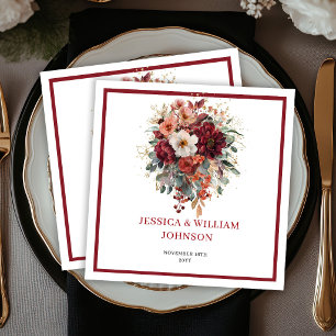 Fall Maroon Floral Boho Eucalyptus Wedding Napkins