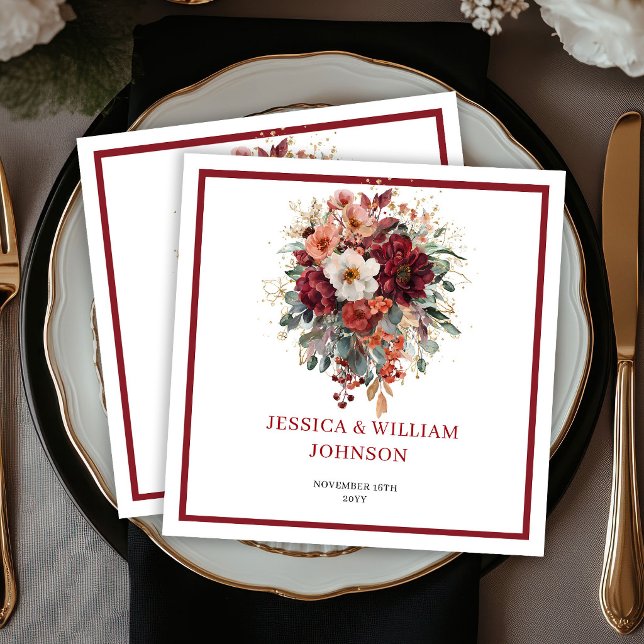 Fall Maroon Floral Boho Eucalyptus Wedding Napkins (Fall Maroon Floral Boho Eucalyptus Wedding Napkins

)