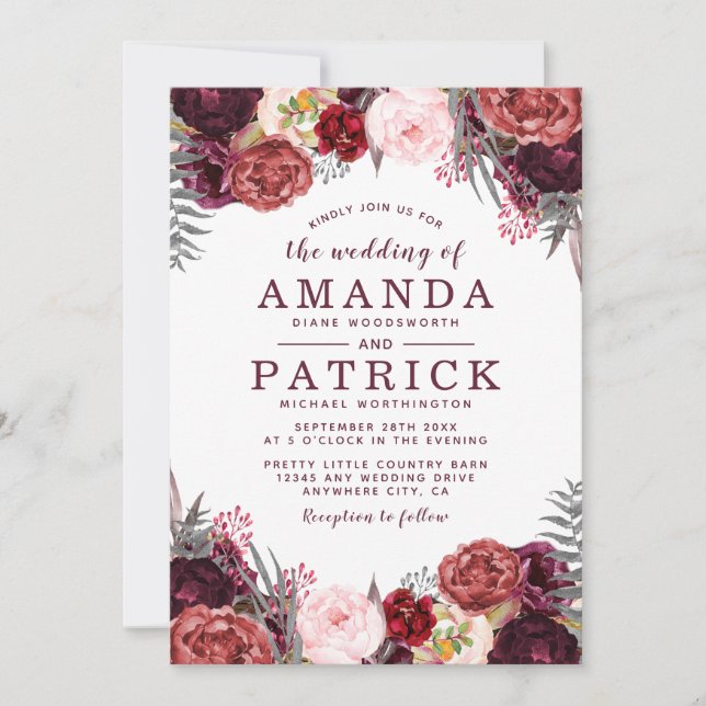 Fall Marsala Blush Peony Wedding Invitations (Front)