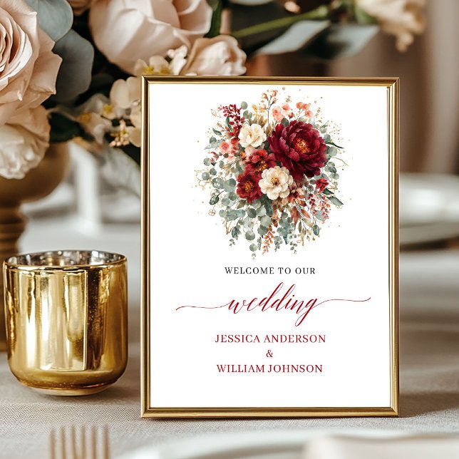 Fall Marsala Floral Greenery Tabletop Wedding 8x10 Poster (Fall Marsala Floral Greenery Tabletop Wedding Welcome

)