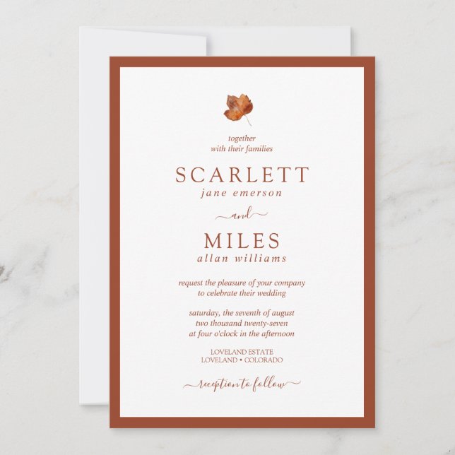 Fall Minimalistic Leaf Terracotta Border Wedding  Invitation (Front)