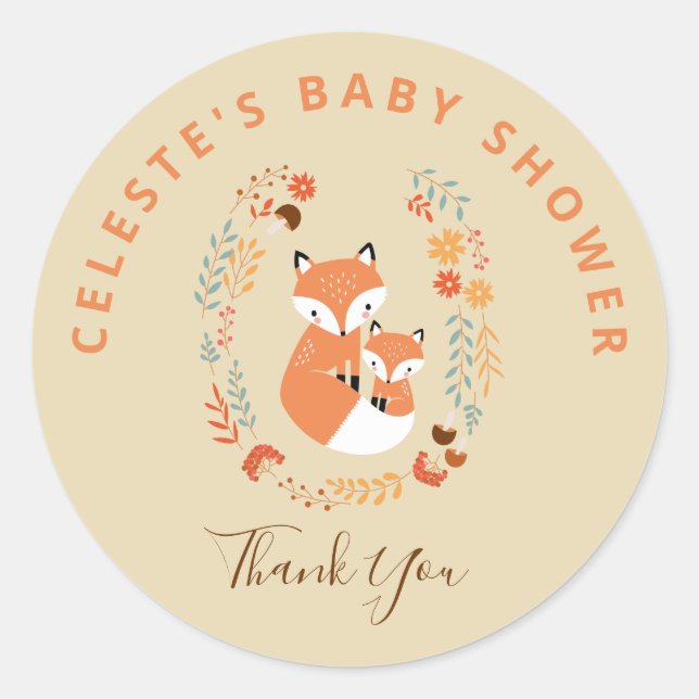 Fall Mom and Baby Fox Baby Shower Classic Round Sticker (Front)