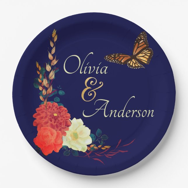 Fall Monarch Butterfly Floral Navy Blue Wedding Paper Plate (Front)