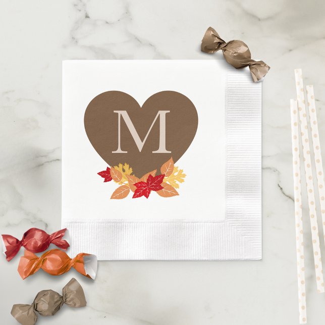 Fall Monogram Bridal Shower or Wedding Napkin (Fall Leaves Monogram Heart Paper Napkins for Fall in Love Bridal Shower or Fall Wedding)