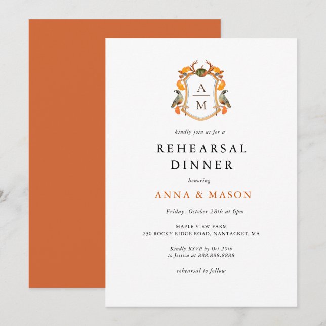 Fall Monogram Crest Rehearsal Dinner Invitation (Front/Back)