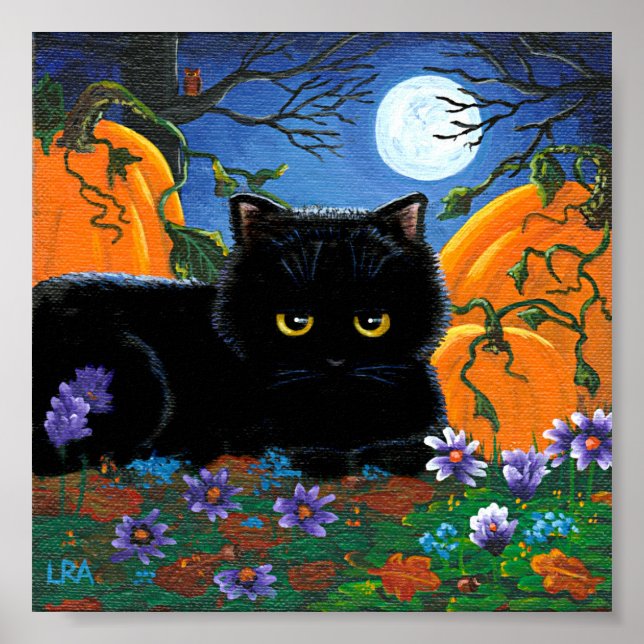 Fall Moon Black Cat Pumpkins Creationarts Poster (Front)
