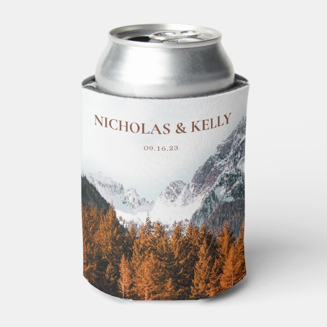 Fall Mountain Forest Wedding Favour Can Cooler (Can Front)