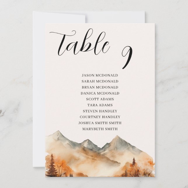 Fall Mountain Wedding Table Number (Front)