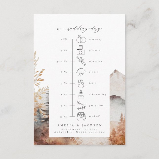 Fall Mountain Wedding Timeline with Icons Enclosure Card (Front)