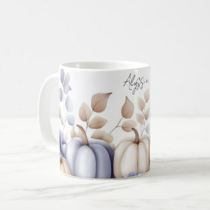 Fall Mug with blue and beige Pumpkins and Flowers
