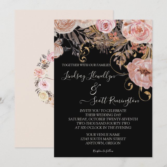 Fall Muted Watercolor Floral Rose Gold Wedding Invitation (Front/Back)