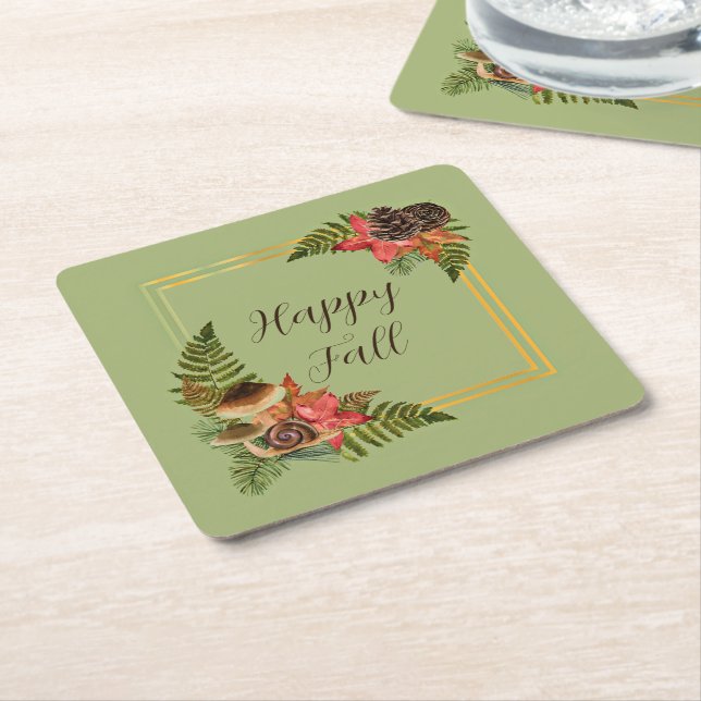 Fall nature frame with customizable text  square paper coaster (Angled)