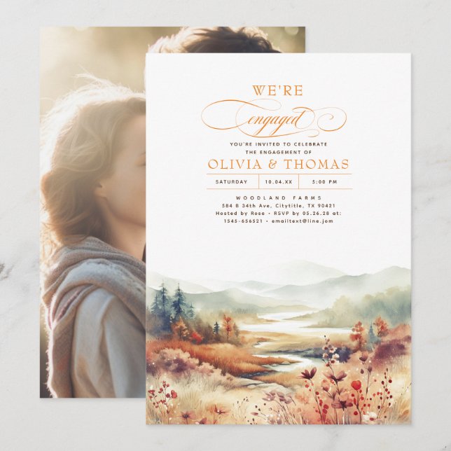 Fall Nature Romantic Engagement Party Photo Invitation (Front/Back)