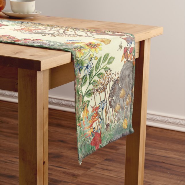Fall Nature Yellow Squirrel Leaf Bird Woodland  Short Table Runner (In Situ)