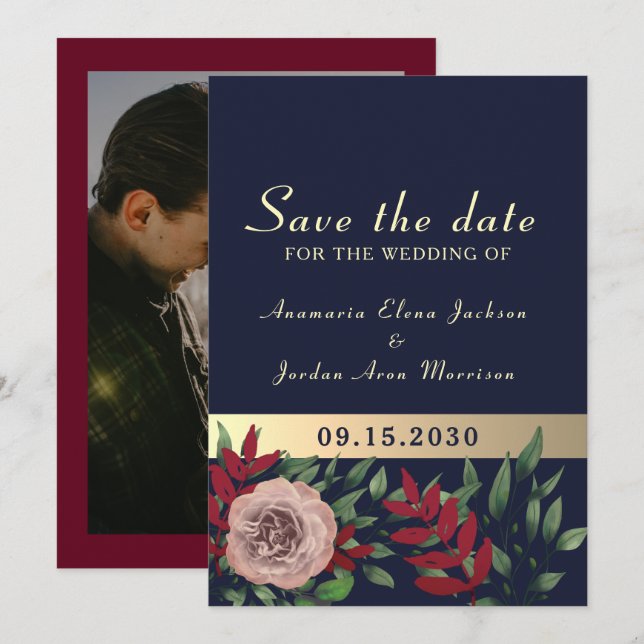 Fall Navy Burgundy Floral Wedding Save The Date (Front/Back)