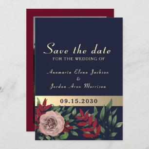 Fall Navy Burgundy Floral Wedding Save The Date