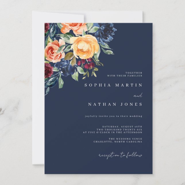 Fall Navy Burgundy Watercolor Florals Wedding  Invitation (Front)