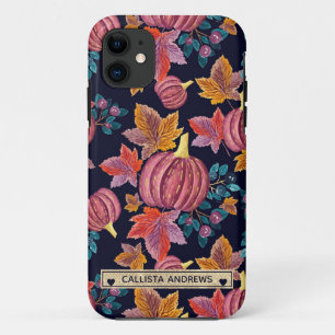 Fall Navy Pumpkin Leaves Watercolor Monogram iPhone 11 Case