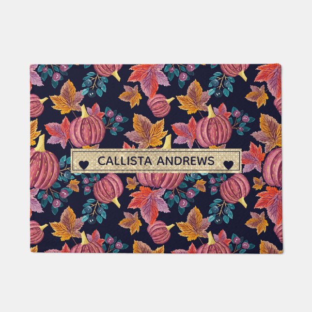 Fall Navy Pumpkin Leaves Watercolor Monogram Doormat (Front)