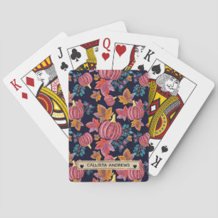 Fall Navy Pumpkin Leaves Watercolor Monogram Playing Cards