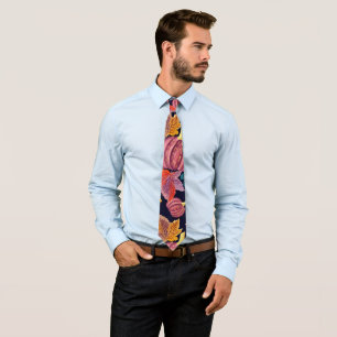 Fall Navy Pumpkin Leaves Watercolor Pattern Tie