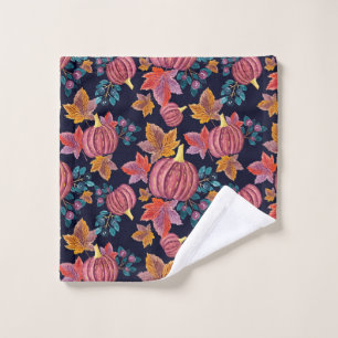 Fall Navy Pumpkin Leaves Watercolor Pattern Wash Cloth