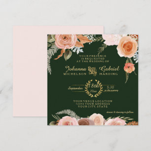 Fall Neutral Blush Floral Foliage Forest Green Invitation