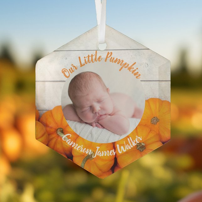 Fall Newborn Photo Baby Our Little Pumpkin Cute Glass Ornament (Creator Uploaded)