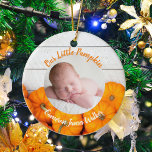 Fall Newborn Photo Baby Pumpkin Double Sided Gift Ceramic Ornament<br><div class="desc">This beautiful,  modern Thanksgiving newborn photo ornament features a photograph of your sweet new baby under the words Our Little Pumpkin in orange. This pretty autumn photograph with trendy white wood behind the patch of pumpins is an elegant baby keepsake gift for a Halloween or Thanksgiving birth.</div>